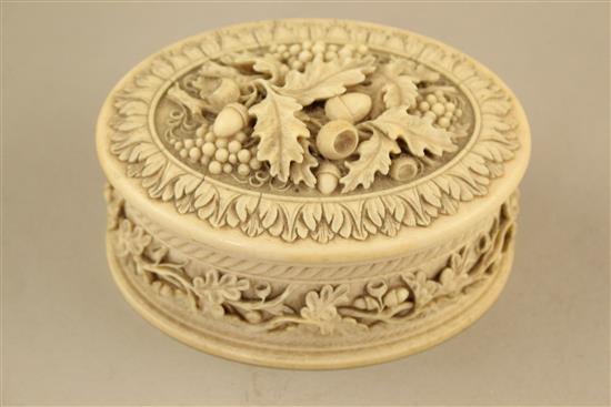 A 19th century oval carved ivory table box, 5.5in., some faults